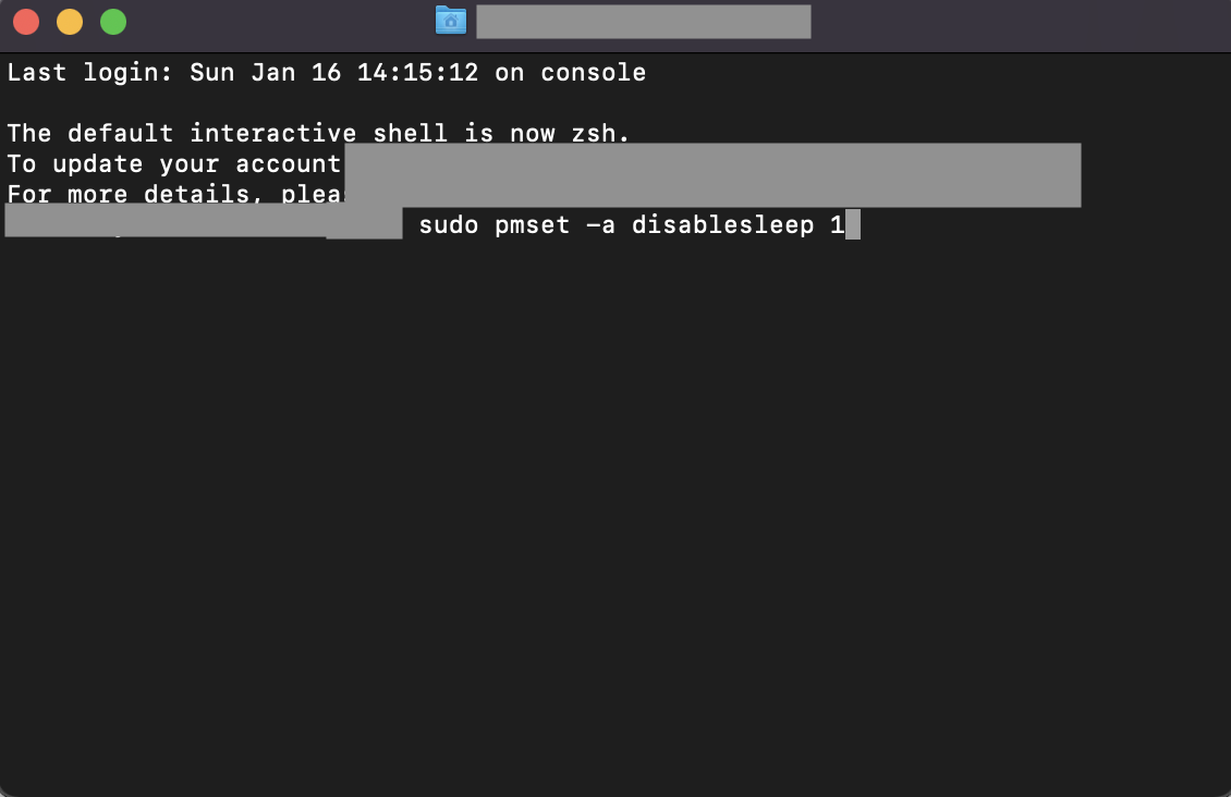 ターミナル画面で「sudo pmset -a disablesleep 1」のコマンドを貼り付け