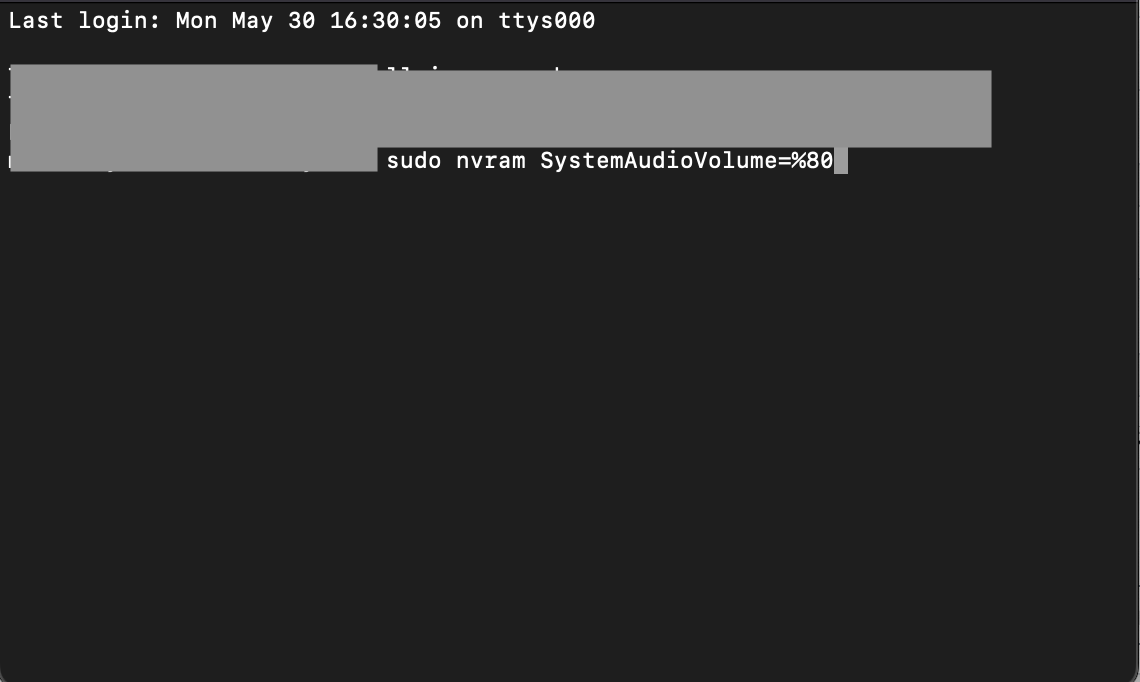 文末に「sudo nvram SystemAudioVolume=%80」を入力